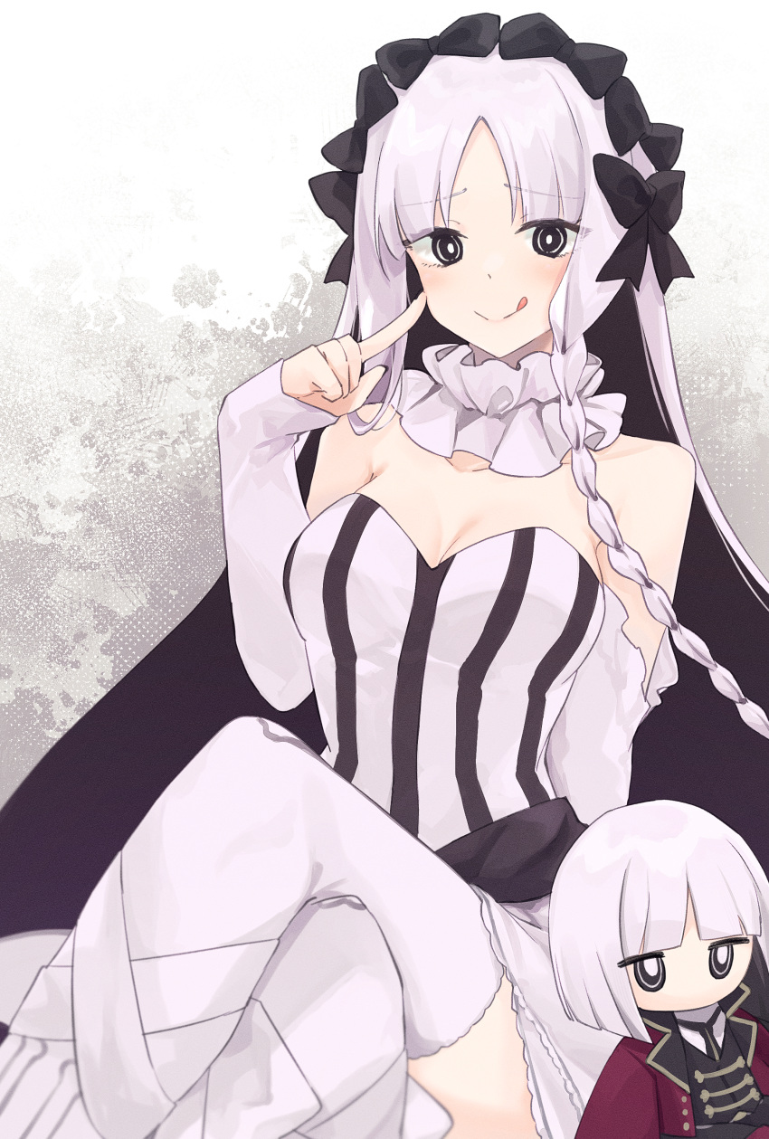 :q absurdres black_bow black_eyes black_hair bow breasts character_doll cleavage colored_inner_hair commentary_request crossed_legs detached_sleeves dress fate/strange_fake fate_(series) female francesca_prelati_(fate) francois_prelati_(fate) hairbow highres index_finger_raised kotake_8 long_hair looking_at_viewer medium_breasts multicolored_hair pantyhose sleeves_past_wrists smile solo striped_clothes striped_dress tongue tongue_out two-tone_hair vertical-striped_clothes vertical-striped_dress white_pantyhose