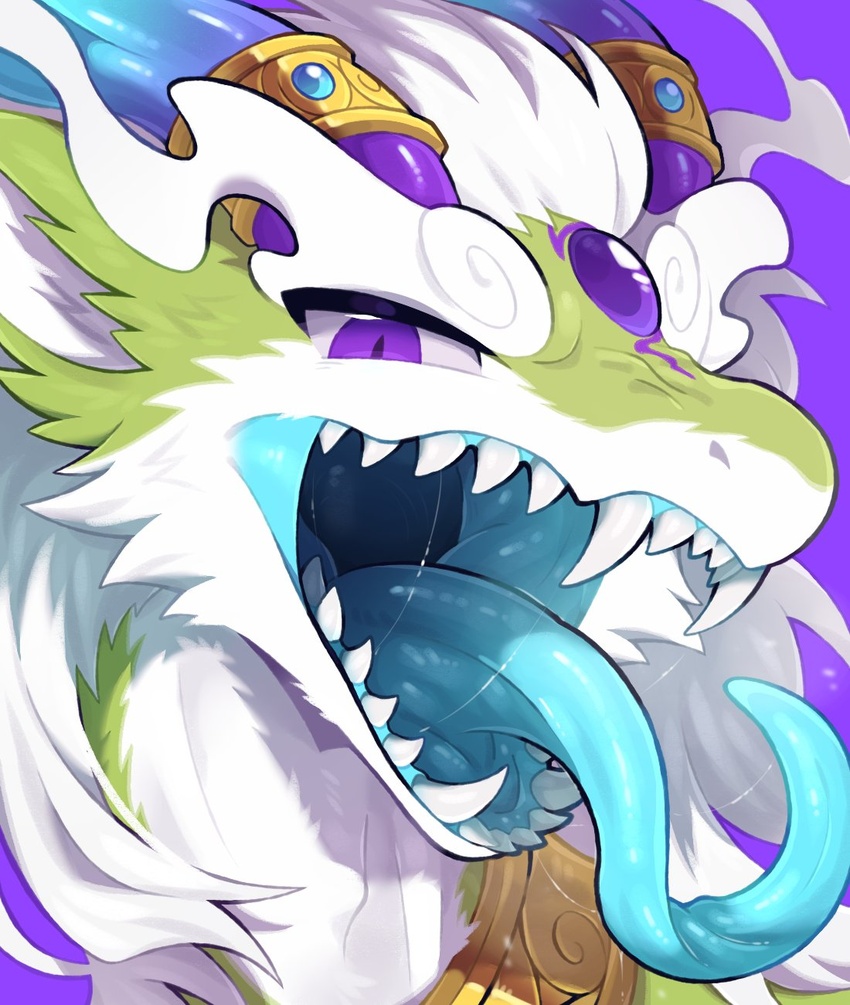 ambiguous_form ambiguous_gender blue_tongue dragon fur furred_dragon furred_scalie green_body green_fur headshot_portrait hi_res imierr kemono mouth_shot mythological_creature mythological_scalie mythology open_mouth portrait purple_eyes scalie solo tianhua tongue white_body white_fur