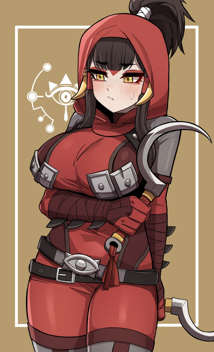 :t arm_blade arm_under_breasts belt black_hair blush bodysuit breasts cowboy_shot dual_wielding eyelashes facial_mark female hair_through_headwear high_ponytail highres holding holding_sickle holding_weapon hood hood_up large_breasts long_hair multiple_belts ponytail red_bodysuit sickle sidelocks solo sung08ko sweatdrop the_legend_of_zelda the_legend_of_zelda:_breath_of_the_wild the_legend_of_zelda:_tears_of_the_kingdom weapon yellow_eyes yiga_clan yiga_clan_footsoldier