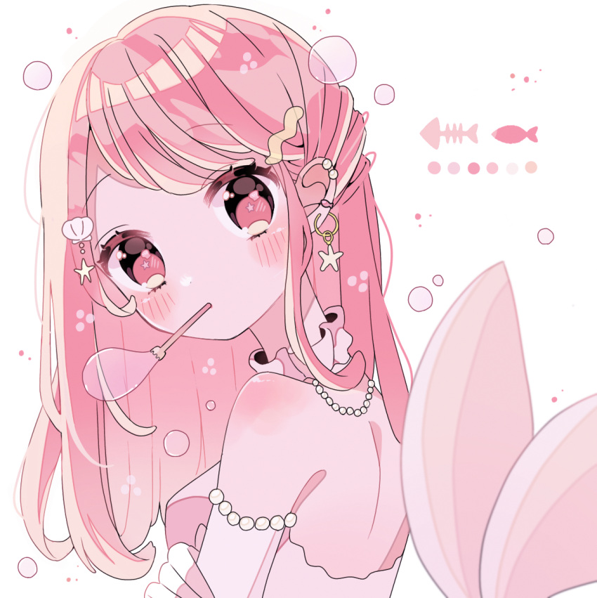 blowing_bubbles blush bubble_pipe commentary detached_collar ear_piercing earrings female fins fish fish_skeleton fish_tail from_side half_updo jewelry long_hair looking_at_viewer looking_back mermaid monster_girl nagihoko necklace original pearl_earrings pearl_necklace piercing pink_eyes pink_hair pink_theme starfish_earrings tail