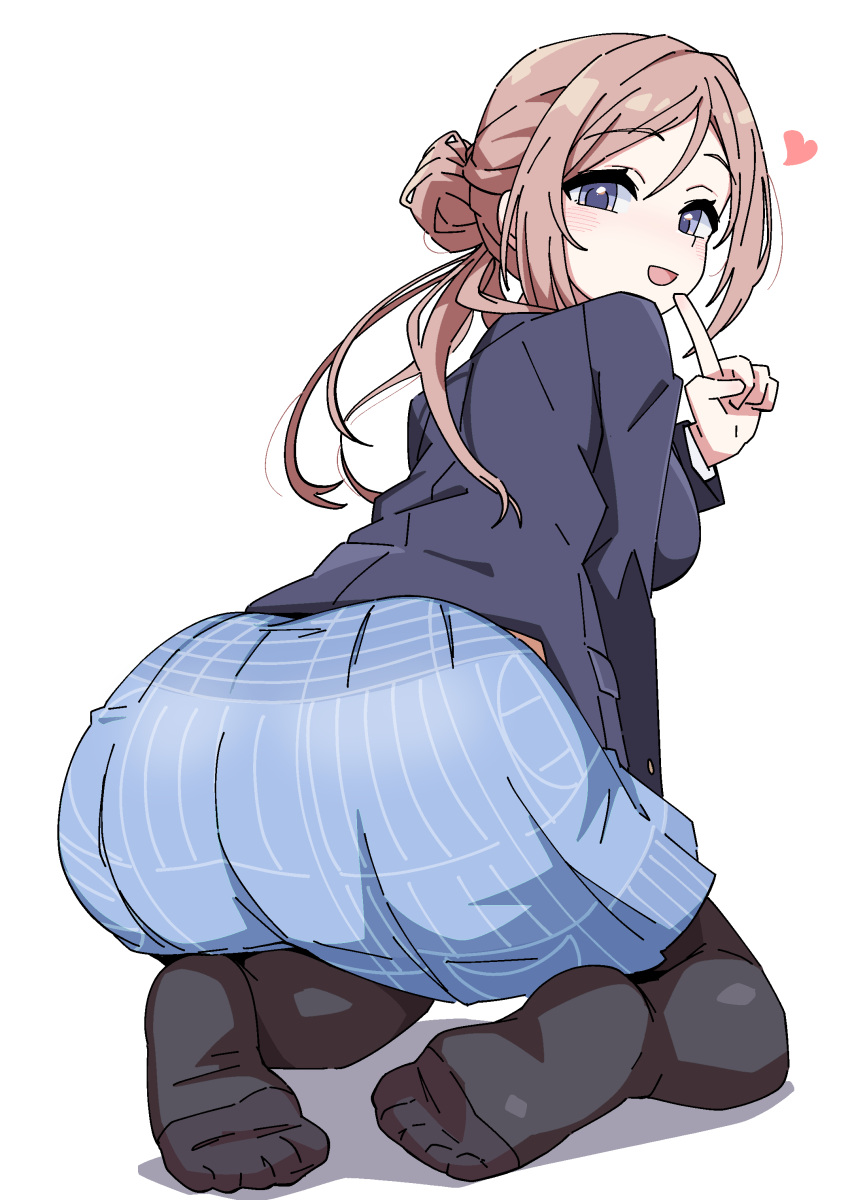 absurdres ass back_peek black_pantyhose blazer blue_skirt blush brown_hair female finger_to_mouth gakuen_idolmaster hair_bun hatsuboshi_gakuen_school_uniform heart highres himesaki_rinami idolmaster jacket kneeling long_hair long_sleeves looking_at_viewer looking_back midriff_peek ohgi910 pantyhose school_uniform simple_background single_side_bun skirt smile solo toes white_background