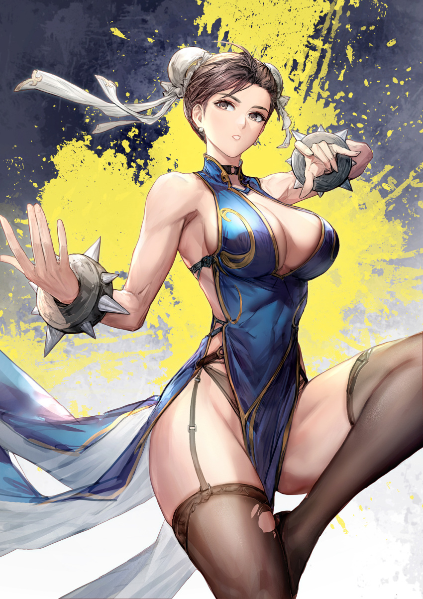 bare_arms bare_shoulders black_choker black_footwear black_garter_straps blue_dress bracelet breasts brown_eyes brown_panties bun_cover center_opening china_dress chinese_clothes choker chun-li cleavage commentary double_bun dress english_commentary female fooltown garter_straps gold_trim groin hair_bun highres jewelry large_breasts leg_up o-ring o-ring_choker panties parted_lips pelvic_curtain short_hair sideboob sleeveless sleeveless_dress solo spiked_bracelet spikes street_fighter thighhighs thighs torn_clothes torn_thighhighs underwear