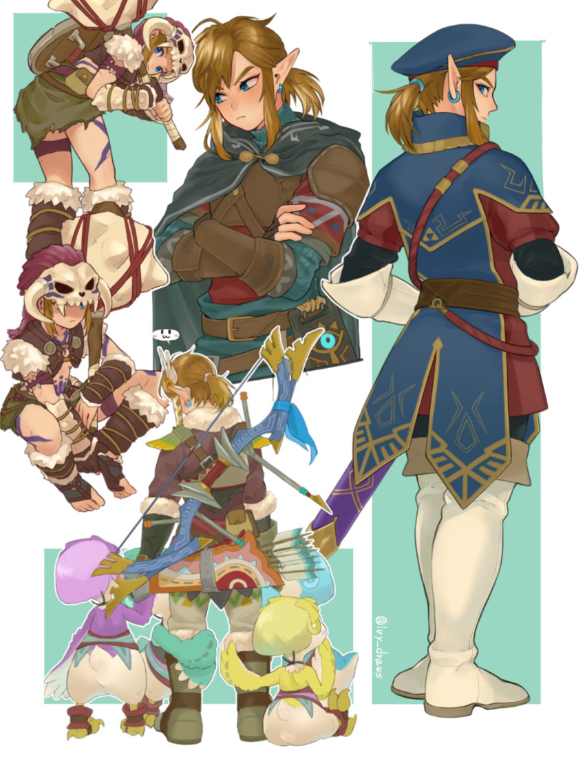 1boy 2girls :3 armor arrow_(projectile) artist_name barbarian_set_(zelda) beret bird_girl black_cape blonde_hair blue_eyes blue_headwear boots bow_(weapon) brown_gloves cape crossed_arms earrings feather_hair_ornament feathers from_behind full_body fur-trimmed_boots fur_trim gloves hair_ornament hands_up hat highres holding holding_weapon hood hooded_cape hylian_set_(zelda) ivy_(sena0119) jewelry kheel_(zelda) knee_boots kotts_(zelda) leather_armor link medium_hair multiple_girls multiple_views official_alternate_costume pointy_ears ponytail quiver rito royal_guard_set_(zelda) sheikah_slate shield short_ponytail sitting skull snowquill_set_(zelda) standing stomach sword the_legend_of_zelda the_legend_of_zelda:_breath_of_the_wild weapon weapon_on_back white_footwear white_gloves