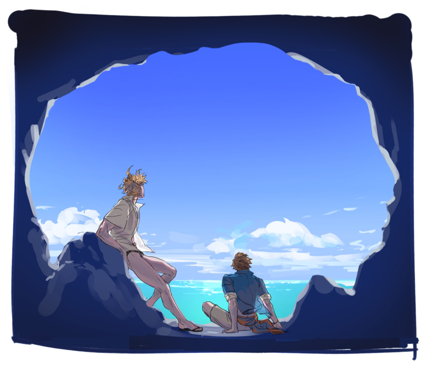 2boys back black_male_swimwear blonde_hair blue_shirt bpadult brown_hair cloud day flip-flops gran_(granblue_fantasy) gran_(summer)_(granblue_fantasy) granblue_fantasy looking_away male_focus male_swimwear multiple_boys official_alternate_costume outdoors sandals seofon_(eternal's_summer_vacation)_(granblue_fantasy) seofon_(granblue_fantasy) shirt short_hair sitting sky swim_briefs white_male_swimwear white_shirt