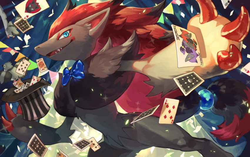 1other bird blue_eyes card claws commentary_request furry hat highres magician open_mouth pidove playing_card pokemon pokemon_(creature) sharp_teeth smile striped_clothes striped_headwear tapioka_chaso teeth tongue unworn_hat unworn_headwear zoroark