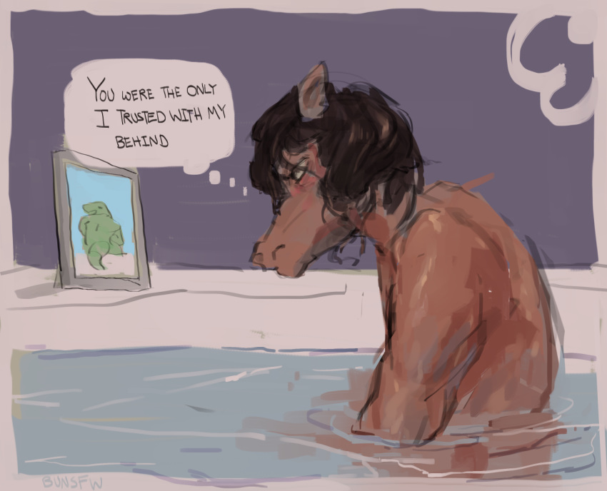 anthro bath bathtub beastars bunsfw english_text equid equine hair horse looking_at_object looking_at_photo male mammal photo simple_background solo speech_bubble text water yafya_(beastars)