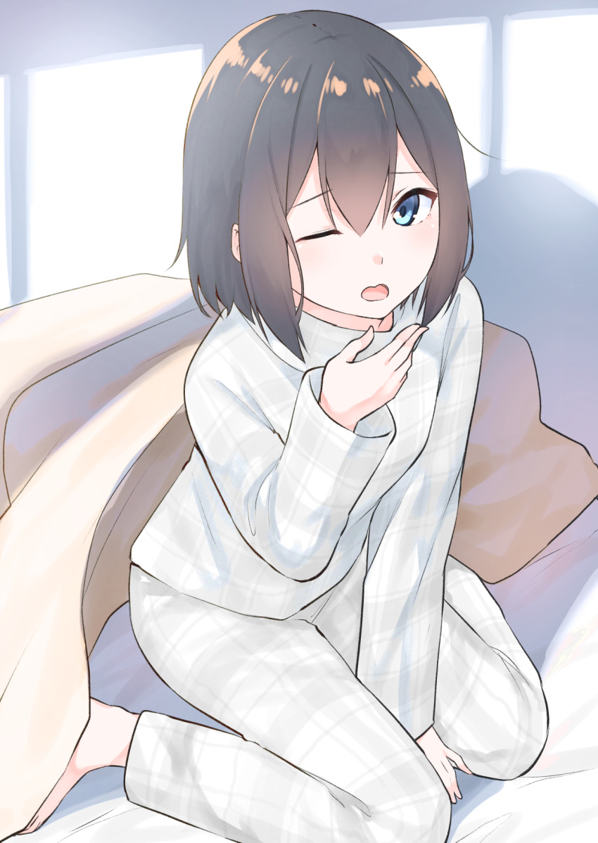 barefoot bed_sheet between_legs black_hair blue_eyes commentary_request female grey_pants grey_shirt hair_between_eyes hand_between_legs hand_up highres long_sleeves one_eye_closed open_mouth original pajamas pants plaid plaid_pajamas plaid_pants plaid_shirt shirt sitting solo suzunari_shizuku waking_up wariza yawning yuki_arare