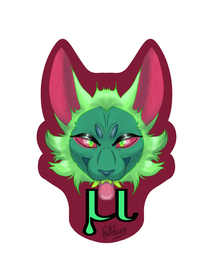 absurd_res ambiguous_gender anthro badge domestic_cat felid feline felis fur green_body green_eyes green_fur green_skin hi_res lykoi mammal rattdawg red_background red_eyes simple_background solo