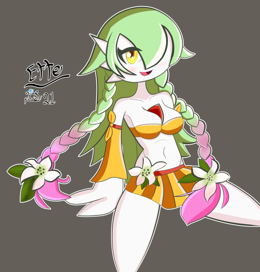 2021 3_fingers accessory bikini bikini_skirt braided_hair breasts cleavage clothed clothing female fingers flower flower_in_hair gardevoir generation_3_pokemon green_hair grey_background hair hair_accessory hair_over_eye hi_res highlights_(coloring) humanoid kuperseeper long_hair looking_at_viewer medium_breasts midriff navel nintendo not_furry one_eye_obstructed plant pokemon pokemon_(species) signature simple_background sitting smile smiling_at_viewer solo swimwear twin_braids twintails yellow_eyes