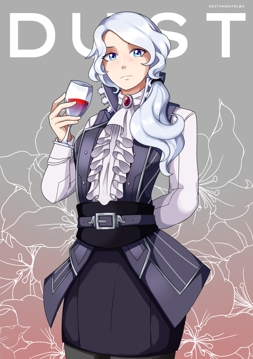 absurdres arm_behind_back artist_name ascot blue_eyes cup drinking_glass female floral_background grey_background highres keith_montalbo long_hair looking_at_viewer pantyhose rwby skirt solo vest white_hair willow_schnee wine_glass