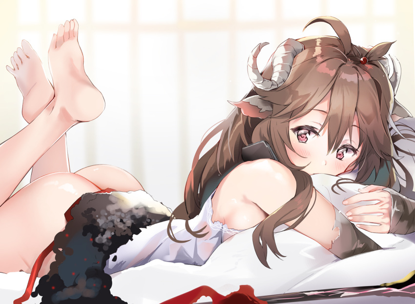 ahoge animal_ears arknights arm_warmers ass bare_shoulders barefoot brown_hair commentary_request curled_horns eyjafjalla_(arknights) feet feet_up female horns hugging_object legs_up long_hair looking_at_viewer lying on_stomach pillow pillow_hug red_eyes sheep_ears sheep_horns shirt sleeveless sleeveless_shirt solo the_pose toes togo_(korlsj1235) white_shirt