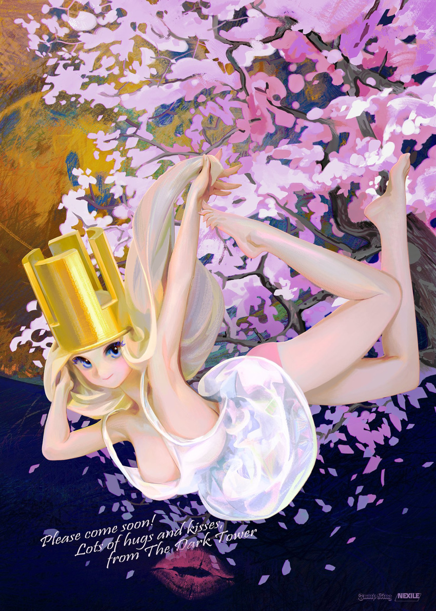 armpits arms_up bare_legs barefoot blue_eyes breasts crown dress english_text female flower highres jump_king large_breasts lipstick_mark looking_at_viewer new_babe_(jump_king) petals purple_flower second-party_source sleeveless sleeveless_dress solo tree white_dress yeono0