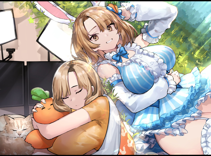 absurdres animal_ears blue_bow blue_bowtie blue_dress bow bowtie breasts brown_eyes brown_hair bunny_ayumi bunny_ayumi_(vtuber) carrot carrot-shaped_pillow carrot_hair_ornament closed_eyes closed_mouth commentary commission detached_sleeves dreaming dress english_commentary feline female fingernails food-themed_hair_ornament garter_straps grass grin hair_ornament highres huge_breasts hugging_object indie_virtual_youtuber light_rays long_sleeves looking_at_viewer lying medium_hair monitor multiple_monitors multiple_views neonbeat on_grass on_stomach orange_shirt pillow pillow_hug rabbit_ears real_life shirt short_dress short_sleeves sleeping smile thighhighs virtual_youtuber white_legwear