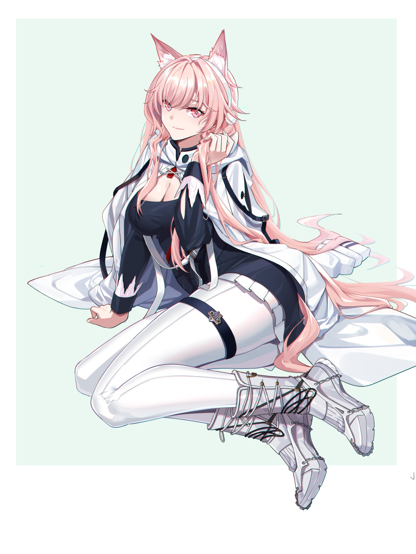 absurdres adjusting_hair animal_ears arknights arm_support black_dress boots border breasts commentary_request dress female hair_spread_out hairband hand_in_own_hair hand_up highres holding holding_own_hair large_breasts long_hair long_sleeves looking_at_viewer official_alternate_costume pantyhose pink_eyes pink_hair pozyomka_(arknights) pozyomka_(snowy_plains_in_words)_(arknights) shijie_jianfa sitting smile solo spread_legs thighs very_long_hair white_footwear white_hairband white_pantyhose wolf_ears