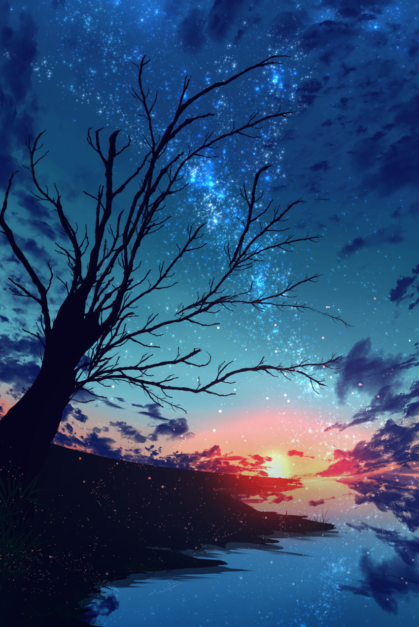 abisswalker8 absurdres blue_sky branch cloud commentary dark_clouds dark_foreground grass highres night night_sky no_humans original outdoors pink_clouds plant red_clouds reflection romaji_commentary scenery shore sky star_(sky) starry_sky sun tree water withered