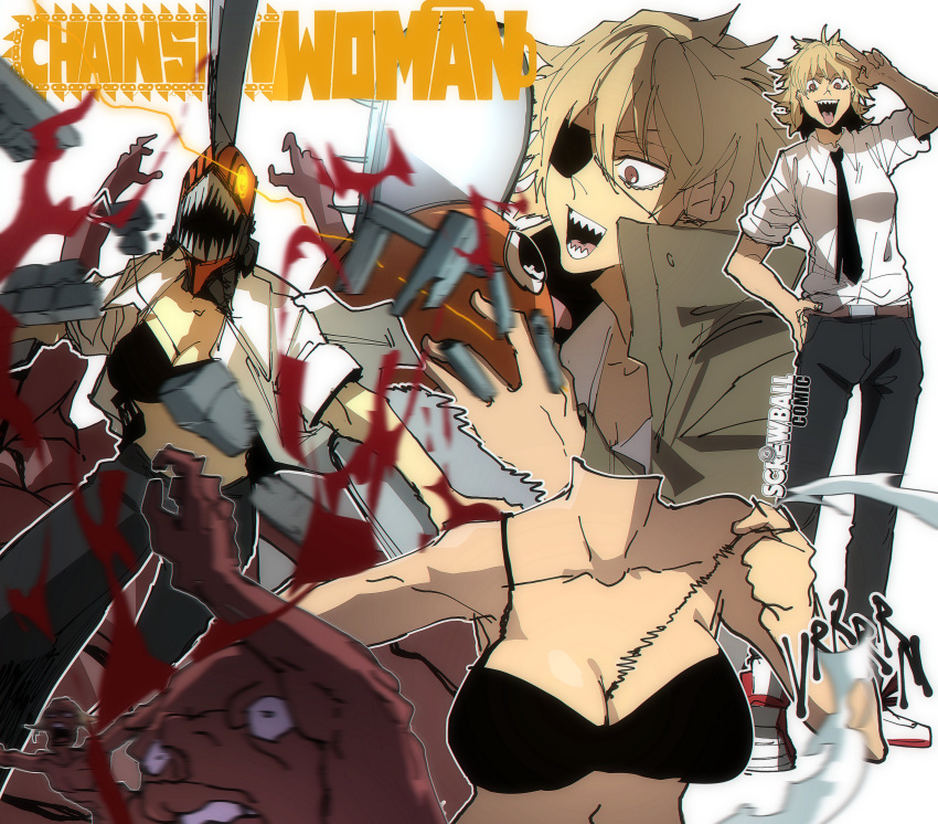 absurdres artist_name black_bra black_necktie blonde_hair blood blood_spray bra breasts chainsaw chainsaw_man coat collared_shirt copyright_name debris denji_(chainsaw_man) eye_trail eyepatch female genderswap_(mtf) glowing glowing_eye grey_coat highres isaacchief300 large_breasts light_trail looking_at_another looking_down messy_hair motion_blur necktie open_clothes open_mouth open_shirt pochita_(chainsaw_man) pull_cord rule_63 sharp_teeth shirt shirt_tucked_in short_hair sleeves_rolled_up smile teeth tongue tongue_out trench_coat underwear v white_shirt yellow_eyes zombie