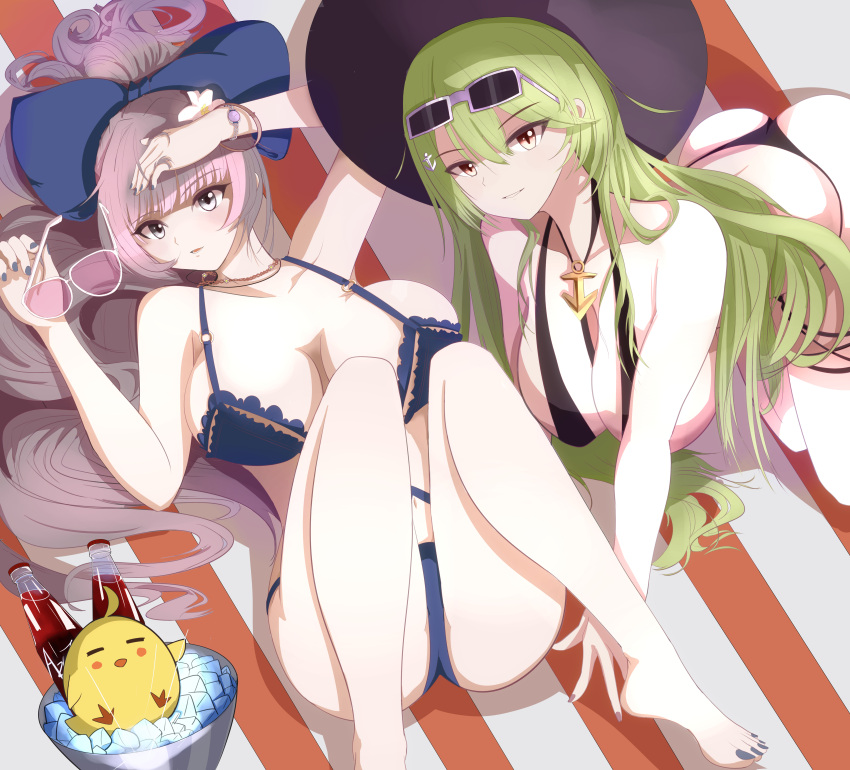 2girls absurdres all_fours anchor_necklace ass azur_lane bikini black_bikini bow breasts eyewear_on_head foot_out_of_frame glass_bottle green_hair grey-framed_eyewear grey_eyes grey_hair hairbow hamachi8 hat highres ice ice_bucket ice_cube jewelry large_breasts linked_bikini littorio_(azur_lane) littorio_(the_glory_of_naples)_(azur_lane) long_hair looking_at_viewer lying manjuu_(azur_lane) monokini multiple_girls necklace o-ring o-ring_swimsuit official_alternate_costume on_back pink-tinted_eyewear purple_bikini purple_bow rectangular_eyewear soda_bottle sun_hat swimsuit tinted_eyewear very_long_hair vittorio_veneto_(azur_lane) vittorio_veneto_(the_flower_of_la_spezia)_(azur_lane) white-framed_eyewear