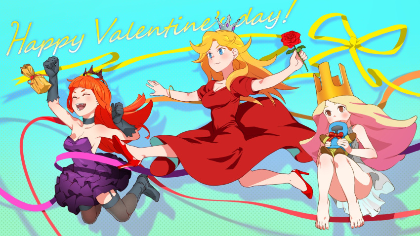 3girls artist_request babe_(jump_king) bare_legs bare_shoulders barefoot black_choker black_footwear black_gloves black_thighhighs blonde_hair blue_eyes blush boots breasts brown_eyes choker closed_eyes crown dress drop_shadow flower ghost_babe_(jump_king) gloves happy_valentine high_heels highres holding holding_flower jump_king knees_up medium_breasts multiple_girls new_babe_(jump_king) open_mouth orange_hair purple_dress red_dress red_flower red_footwear red_rose ribbon rose short_sleeves sleeveless sleeveless_dress smile strapless strapless_dress stuffed_toy thighhighs white_dress