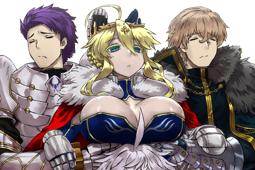 3boys ahoge areola_slip artoria_pendragon_(fate) artoria_pendragon_(lancer)_(fate) blonde_hair blue_leotard boy_sandwich braid breasts cape cleavage closed_eyes closed_mouth covered_nipples crown fate/grand_order fate_(series) female french_braid fur-trimmed_cape fur_trim gawain_(fate) green_eyes hair_between_eyes haraya_manawari knights_of_the_round_table_(fate) lancelot_(fate/grand_order) large_breasts leotard meme merlin_(fate) multiple_boys purple_hair sandwiched servants_holding_aphrodite's_breasts_(meme) shuumatsu_no_valkyrie sidelocks swept_bangs white_hair