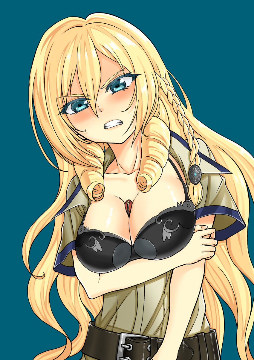 absurdres arm_grab belt between_breasts blonde_hair blue_background blue_eyes blush braid breasts busou_shoujo_machiavellism cleavage clenched_teeth drill_hair female hair_between_eyes highres kikakujou_mary long_hair looking_at_viewer medium_breasts nakachiruno short_braid side_braid teeth