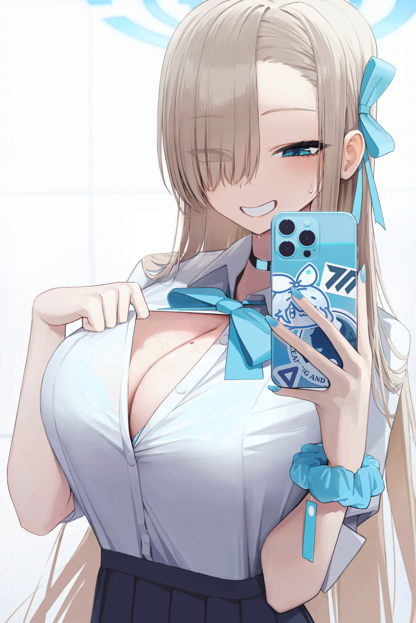 absurdres arona_(blue_archive) asuna_(blue_archive) asymmetrical_bangs bad_id bad_twitter_id black_skirt blue_archive blue_bow blue_bowtie blue_bra blue_eyes blue_nails blue_ribbon blue_scrunchie blush bow bowtie bra bra_visible_through_clothes breasts brown_hair cellphone channel_(_caststation) chibi choker cleavage collarbone collared_shirt commentary female flashing grin hair_ornament hair_over_one_eye hair_ribbon halo highres holding holding_phone large_breasts light_brown_hair long_hair looking_at_viewer mole mole_on_breast phone pleated_skirt ribbon school_uniform scrunchie selfie shirt short_sleeves skirt smartphone smile solo sweat swept_bangs teeth underwear upper_body white_shirt wrist_scrunchie