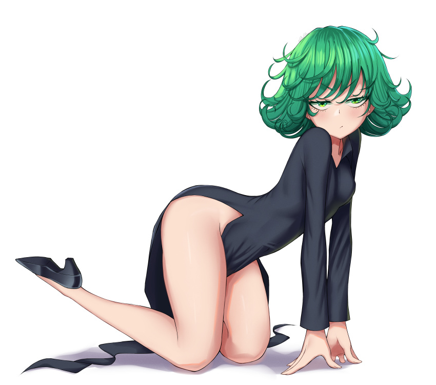 absurdres all_fours bare_legs black_dress black_footwear blush breasts commentary curly_hair dress english_commentary female frown full_body green_eyes green_hair high_heels highres legs long_sleeves looking_at_viewer mixed-language_commentary no_panties one-punch_man petite pietrosatou short_hair simple_background small_breasts solo tatsumaki thighs v-shaped_eyebrows white_background