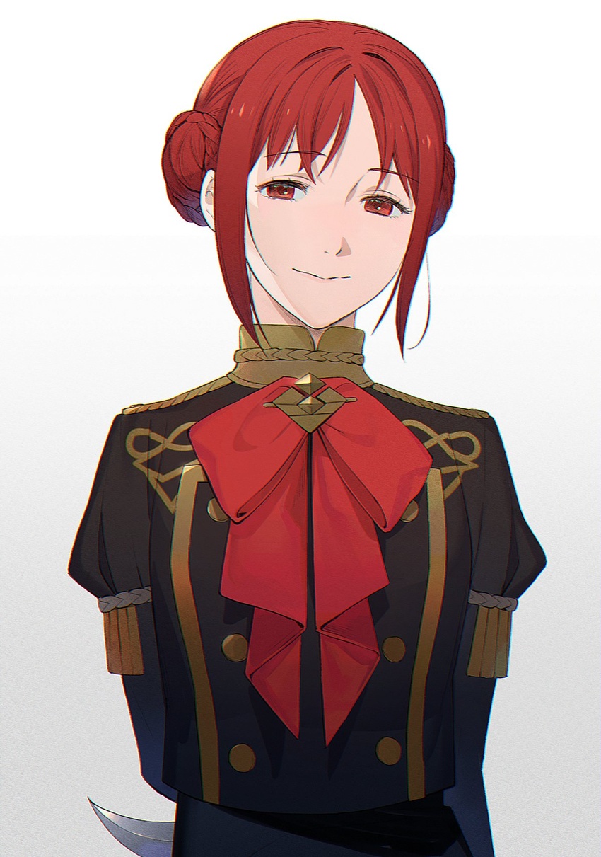 arms_behind_back closed_mouth collared_shirt commentary_request double_bun female fire_emblem fire_emblem:_three_houses garreg_mach_monastery_uniform hair_bun hidden_weapon highres kyufe long_sleeves looking_at_viewer monica_von_ochs red_eyes red_hair red_ribbon ribbon shirt short_hair simple_background smile upper_body