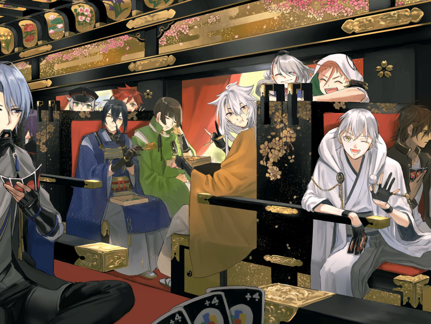 6+boys :t ;d ^_^ absurdres aizen_kunitoshi bento black_gloves black_hair blue_eyes brown_hair card chopsticks closed_eyes commentary_request curtains eating fox_shadow_puppet gloves green_eyes grey_hair hakama hakama_skirt hat hataya highres hood hotarumaru ima-no-tsurugi ishikirimaru iwatooshi japanese_clothes kogitsunemaru male_focus mikazuki_munechika multiple_boys one_eye_closed ookurikara open_mouth orange_hair partially_fingerless_gloves playing_card pom_pom_(clothes) red_eyes red_hair sitting skirt smile touken_ranbu train_interior tsurumaru_kuninaga uno_(game) v white_hair window yamanbagiri_chougi