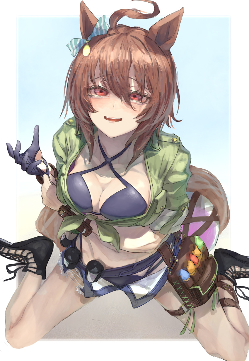 absurdres adjusting_clothes adjusting_gloves agnes_tachyon_(lunatic_lab)_(umamusume) agnes_tachyon_(umamusume) ahoge animal_ears arm_under_breasts bag bikini binoculars black_bikini black_footwear black_gloves border bow bracelet breasts brown_bag brown_hair cleavage commentary_request cross-laced_sandals denim denim_shorts ear_bow female flask gloves green_shirt hair_between_eyes halterneck highres horse_ears horse_girl horse_tail jewelry kii-kun_(agnes_tachyon)_(umamusume) looking_at_viewer medium_breasts messy_hair midriff official_alternate_costume on_ground open_clothes open_fly open_mouth open_shorts partial_commentary red_eyes round-bottom_flask shirt short_hair short_sleeves shorts single_glove sitting sleeves_rolled_up solo striped striped_bow swimsuit tail test_tube thigh_strap tied_shirt tonariuta umamusume wariza white_border