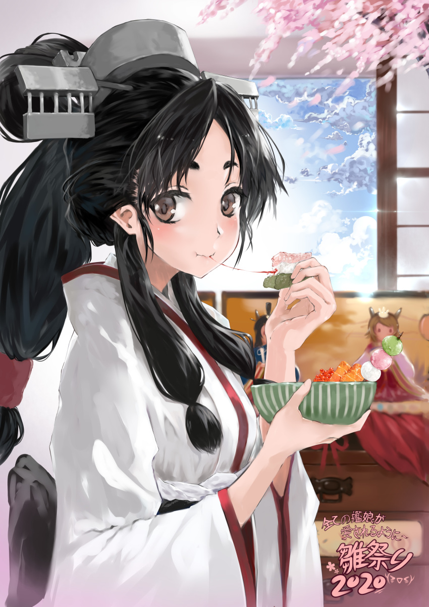 2020 absurdres black_hair blue_sky bowl brown_eyes cloud cloudy_sky dango day eating female food hair_ornament headgear highres hina_ningyou hinadan hinamatsuri hishimochi holding holding_bowl holding_food japanese_clothes kantai_collection long_hair long_sleeves looking_at_viewer low-tied_long_hair mutsu_(kancolle) nagato_(kancolle) nisshin_(kancolle) nodokana_yuki sanshoku_dango sidelocks skewer sky solo suikan wagashi wide_sleeves window