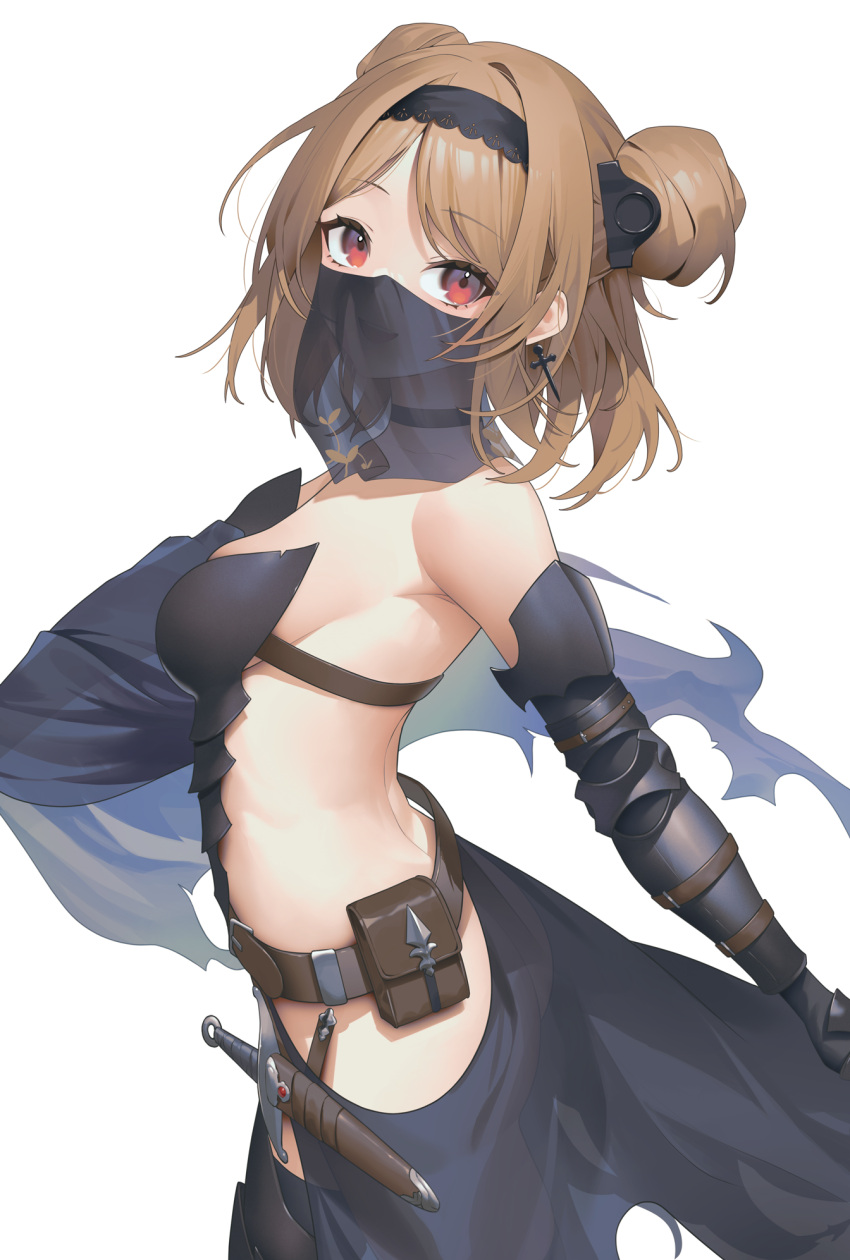 aya_(lezon) bare_shoulders belly_dancing belt black_hairband breasts brown_belt brown_hair cosplay cross cross_earrings dagger double_bun earrings female from_side girls'_frontline hair_bun hairband highres jewelry knife looking_at_viewer looking_to_the_side medium_breasts p90_(girls'_frontline) paid_reward_available parted_lips pouch red_eyes see-through sideless_outfit simple_background smile solo tokarev_(girls'_frontline) tokarev_(girls'_frontline)_(cosplay) tokarev_(griffin's_dancer)_(girls'_frontline) weapon white_background