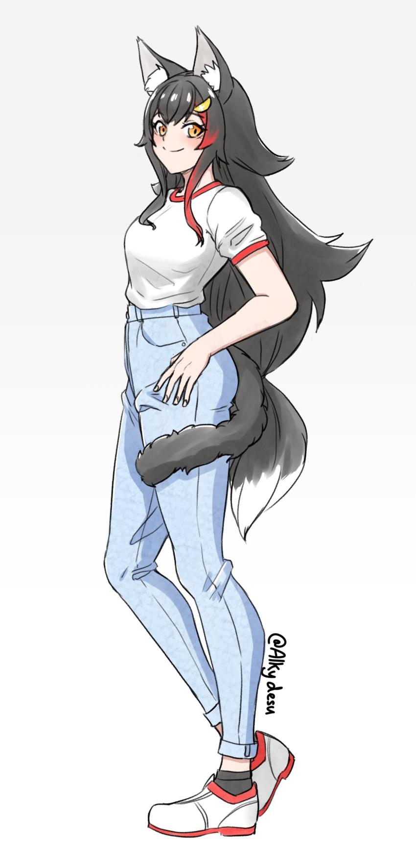 absurdres adapted_costume alkyun animal_ear_fluff animal_ears ankle_socks black_hair black_socks black_tail blue_pants denim female full_body hair_ornament hairclip highres hololive jeans long_hair looking_at_viewer multicolored_hair ookami_mio pants red_hair ringer_t-shirt shirt shirt_tucked_in shoes skinny_jeans smile sneakers socks solo standing streaked_hair t-shirt tail tail_around_own_leg tail_wrap two-tone_footwear two-tone_hair very_long_hair virtual_youtuber white_shirt wolf_ears wolf_girl wolf_tail yellow_eyes