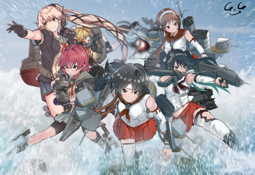 6+girls abukuma_(kancolle) abukuma_kai_ni_(kancolle) bare_shoulders bike_shorts black_gloves black_hair blonde_hair blue_eyes breasts brown_eyes brown_hair brown_shirt commentary_request detached_sleeves dual_wielding duplicate explosion fingerless_gloves gegeron gloves green_eyes green_hair grey_jacket grey_sailor_collar grey_skirt gun hachimaki hair_between_eyes hair_ornament hair_ribbon hairband headband highres holding isuzu_(kancolle) isuzu_kai_ni_(kancolle) jacket jumping kantai_collection kicking kinu_(kancolle) kinu_kai_ni_(kancolle) large_breasts long_hair looking_at_viewer medium_hair multiple_girls nagara_(kancolle) natori_(kancolle) neck_ribbon neckerchief open_mouth pink_hair pixel-perfect_duplicate pleated_skirt ponytail red_hair red_ribbon red_skirt ribbon rigging sailor_collar school_uniform serafuku shirt short_hair short_sleeves shorts shorts_under_skirt skirt smokestack thighhighs torpedo_tubes twintails water weapon white_hairband white_headband white_legwear white_shirt yellow_eyes yura_(kancolle) yura_kai_ni_(kancolle) zettai_ryouiki