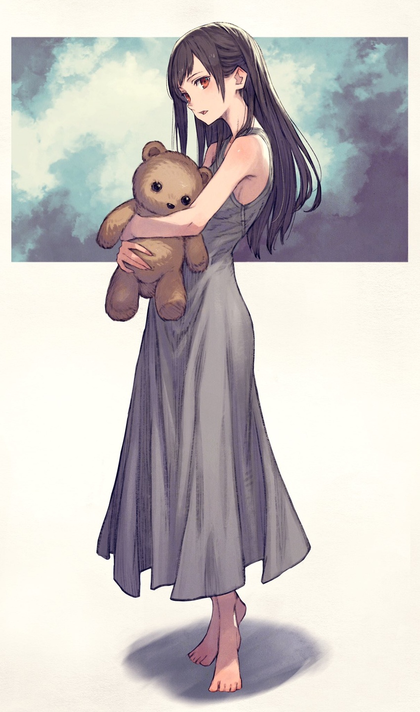 bare_shoulders barefoot black_hair brown_eyes commentary_request dress female from_side full_body grey_dress highres holding holding_stuffed_toy hugging_object kusano_shinta long_hair open_mouth original pointy_ears profile red_eyes shadow simple_background sleeveless sleeveless_dress solo standing stuffed_animal stuffed_toy sugomori-san_(kusano_shinta) teddy_bear white_background