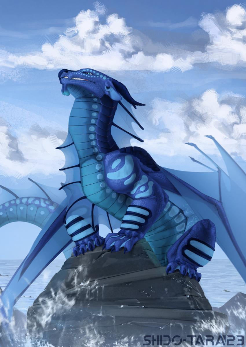 2023 blue_body blue_eyes blue_scales claws cloud conditional_dnp countershade_scales countershade_tail countershade_torso countershading day detailed_background digital_media_(artwork) digital_painting_(artwork) dragon european_mythology female feral hi_res horn looking_back membrane_(anatomy) membranous_wings mythological_creature mythological_scalie mythology outside rock scales scalie seaside seawing_(wof) shido-tara sitting sky solo spines standing tail teeth tsunami_(wof) water western_dragon wings wings_of_fire