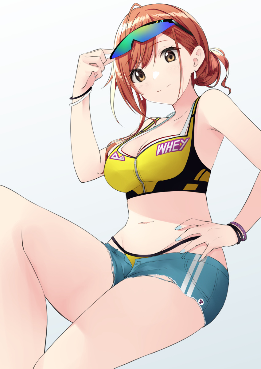 absurdres arisugawa_natsuha bangle belly bikini bikini_under_clothes black_eyes bracelet breasts commentary_request crop_top denim denim_shorts duplicate earrings eyewear_on_head female highres idolmaster idolmaster_shiny_colors jewelry large_breasts long_hair megurumiru midriff navel pixel-perfect_duplicate red_hair short_shorts shorts solo sunglasses swimsuit thighs