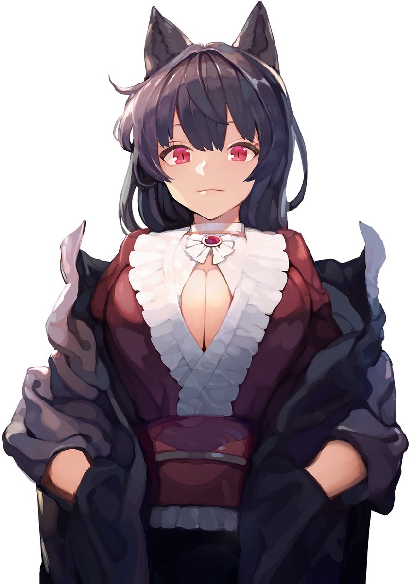 alternate_costume animal_ears breasts brooch brown_hair brown_jacket choker cleavage closed_mouth commentary_request cowboy_shot female hands_in_pockets highres imaizumi_kagerou jacket japanese_clothes jewelry kimono large_breasts long_hair looking_at_viewer onion_(onion_and_pi-natto) red_eyes red_kimono sash simple_background slit_pupils smile solo touhou white_background white_choker wolf_ears