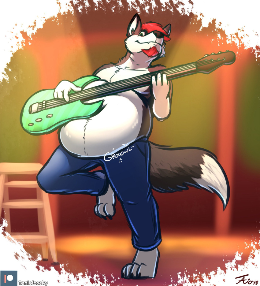 2018 4_toes anthro artythewulf bass_guitar beard belly black_outline bodily_noises bottomwear canid canine canis clothing countershading denim denim_bottomwear denim_clothing detailed_background digital_media_(artwork) extended_sound_effect facial_hair feet full-length_portrait fur furniture green_eyes grey_body grey_fur guitar hair hi_res holding_musical_instrument holding_object jeans male mammal musical_instrument obese on_one_leg onomatopoeia outline overweight overweight_anthro overweight_male pants plucked_string_instrument portrait red_beard red_facial_hair red_hair rumbling_stomach shirtless shirtless_male solo sound_effect_variant sound_effects standing stool string_instrument tanio text toes wolf