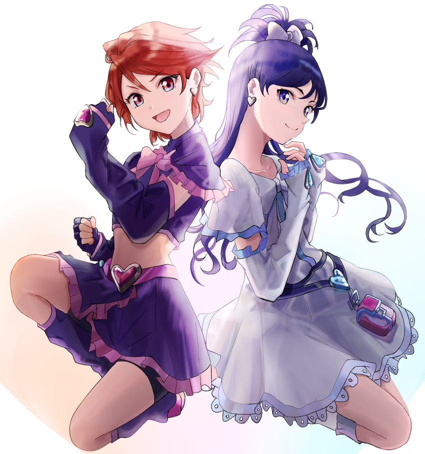 2girls :d absurdres bike_shorts black_shorts blue_eyes blue_hair bow bowtie capelet chisaku clenched_hands closed_mouth crop_top cure_black cure_white detached_sleeves dress earrings fingerless_gloves floating_hair frilled_capelet frilled_skirt frills futari_wa_precure gloves hair_between_eyes hairbow heart heart_earrings highres jewelry leg_warmers long_hair long_sleeves looking_at_viewer midriff miniskirt misumi_nagisa multiple_girls on_one_knee one_side_up pink_bow pink_bowtie precure purple_capelet purple_eyes purple_gloves purple_legwear purple_skirt purple_sleeves red_eyes red_hair short_dress short_hair short_shorts short_sleeves shorts shorts_under_skirt simple_background skirt sleeves_past_wrists smile stomach white_background white_bow white_dress white_sleeves yukishiro_honoka