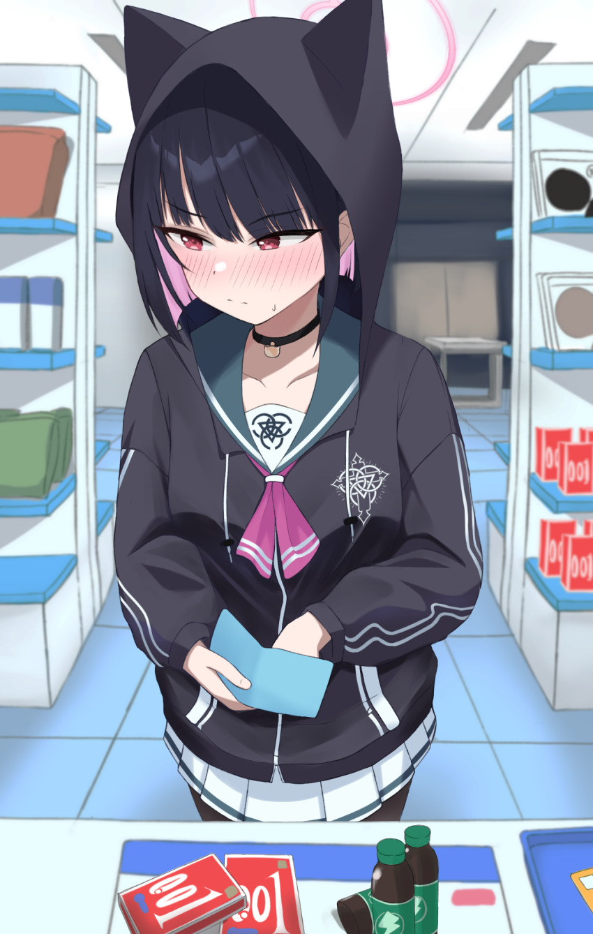 black_choker black_hair black_jacket blue_archive blush buying_condoms choker closed_mouth colored_inner_hair commentary condom_box female halo highres holding holding_wallet hood hood_up hooded_jacket indoors jacket kazusa_(blue_archive) long_sleeves mintchoco_(minchothudong) multicolored_hair pink_hair pleated_skirt red_eyes school_uniform short_hair skirt solo wallet white_skirt