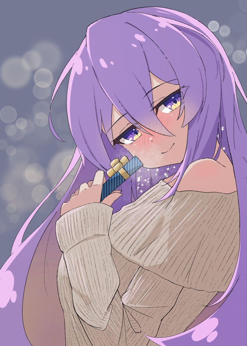 alternate_costume blush colored_inner_hair female highres hololive hololive_indonesia long_hair midoku_(itijikusakura) moona_hoshinova multicolored_hair off-shoulder_sweater off_shoulder purple_eyes purple_hair smile star_(symbol) starry_hair sweater virtual_youtuber visible_air