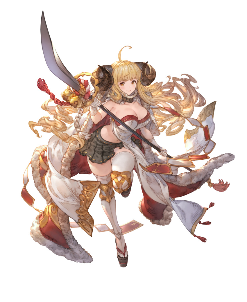 absurdres ahoge anila_(granblue_fantasy) black_skirt blonde_hair blunt_bangs breasts brown_eyes cape cleavage closed_mouth curled_horns draph female full_body fur-trimmed_cape fur_collar fur_trim gloves granblue_fantasy granblue_fantasy_versus:_rising highres holding holding_polearm holding_weapon horns large_breasts leg_up long_hair looking_at_viewer midriff_peek minaba_hideo miniskirt naginata navel official_art okobo pelvic_curtain pleated_skirt polearm sandals skirt smile solo standing standing_on_one_leg thighhighs transparent_background weapon white_gloves white_thighhighs zettai_ryouiki