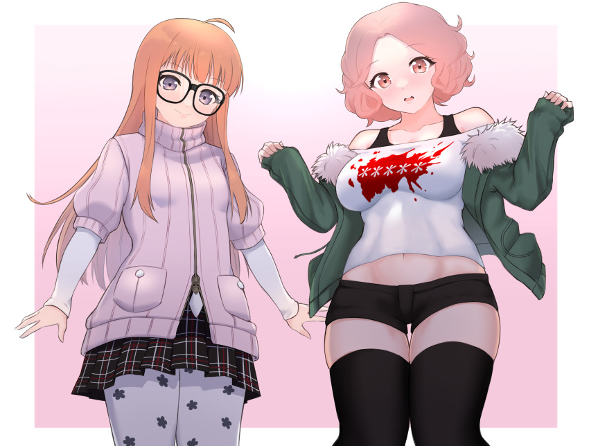 2girls absurdres bad_id bad_twitter_id blush commentary_request cosplay costume_switch fur-trimmed_jacket fur_trim glasses highres jacket long_hair looking_at_viewer multiple_girls okumura_haru okumura_haru_(cosplay) open_mouth orange_hair pantyhose persona persona_5 pleated_skirt reneph sakura_futaba sakura_futaba_(cosplay) shirt short_hair simple_background skirt white_shirt zipper zipper_pull_tab