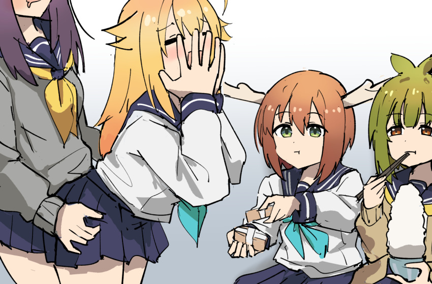 4girls =_= bashame_meme blonde_hair blue_skirt bowl brown_eyes brown_hair cardigan chopsticks commentary_request covering_face deer_cracker dry_humping eating gradient_background green_eyes grey_background grey_cardigan holding holding_chopsticks humping koshi_anko_(shikanoko) koshi_torako long_hair long_sleeves looking_at_another meme multiple_girls photo-referenced pleated_skirt potechi_aneki_(meme) rice_bowl school_uniform shikanoko_noko shikanoko_nokonoko_koshitantan short_hair simple_background sitting skirt tenten_(chan4545)