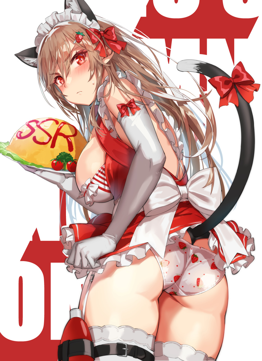 absurdres animal_ears annoyed back_bow bow breasts brown_hair cat_ears closed_mouth dress elbow_gloves fake_animal_ears fake_tail female food food_print gloves goddess_of_victory:_nikke highres holding holding_plate ketchup_bottle large_breasts looking_at_viewer maid_headdress michairu omelet omurice panties plate print_panties rapi_(nikke) red_dress red_eyes sideboob solo strawberry_panties strawberry_print tail tail_bow tail_ornament thighhighs underwear v-shaped_eyebrows white_background white_gloves white_panties white_thighhighs