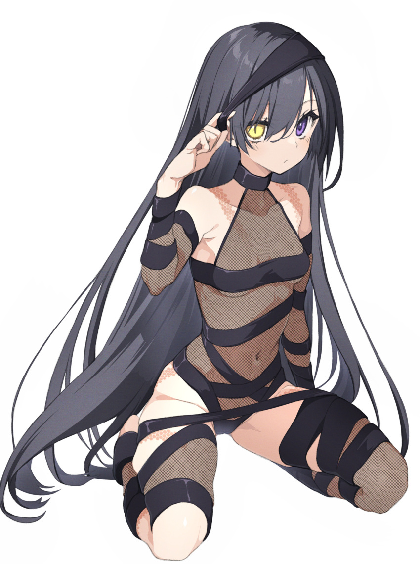 10mo body_markings breasts collarbone covered_navel fate/grand_order fate_(series) female fishnet_leotard fishnets full_body heterochromia highres kneeling leotard long_hair mochizuki_chiyome_(fate) navel purple_eyes simple_background slit_pupils small_breasts solo very_long_hair white_background yellow_eyes