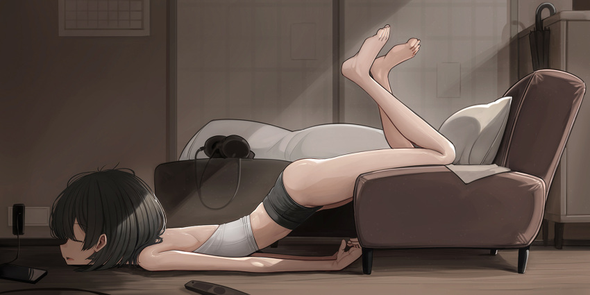 barefoot black_hair black_shorts closed_eyes couch female genek headphones headphones_removed highres indoors lying micro_shorts on_stomach original shirt short_hair shorts solo the_pose white_shirt