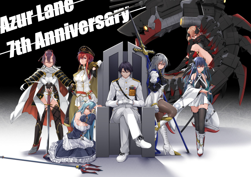 1boy 6+girls absurdres armor azur_lane bare_shoulders black_coat black_footwear black_gloves black_skirt black_thighhighs blue_eyes blue_hair blue_sleeves boots braid breasts brown_pantyhose clam cleavage clothing_cutout coat coat_on_shoulders commander_(azur_lane) corset cross-laced_footwear crossed_legs crown_braid detached_sleeves dress english_text epaulettes fake_antlers fingerless_gloves frilled_dress frills full_body gauntlets gloves glowing glowing_eyes gold_trim grey_hair hair_between_eyes half_gloves hands_on_hilt hat headgear heterochromia high_heel_boots high_heels highres horns ibuki_(azur_lane) izumo_(azur_lane) jacket japanese_armor katana large_breasts leotard light_brown_hair long_hair long_sleeves looking_at_viewer maid_headdress mechanical_hands medal medium_breasts medium_hair military_uniform miniskirt monarch_(azur_lane) multicolored_hair multiple_girls multiple_horns naval_uniform neptune_(azur_lane) non-humanoid_robot oni oriue_wato pants pantyhose peaked_cap polearm purple_hair red_eyes red_hair robot robot_animal roon_(azur_lane) rudder_footwear saint-louis_(azur_lane) sheath sheathed shell_hair_ornament shoes sitting skin-covered_horns skirt standing streaked_hair sword thighhighs trident underboob_cutout uniform unsheathing very_long_hair weapon white_corset white_dress white_footwear white_gloves white_jacket white_leotard white_pants white_skirt yellow_eyes zettai_ryouiki