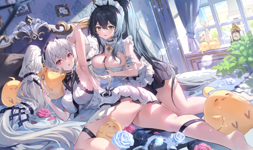 2girls absurdres apron arm_behind_head arm_garter arm_up armpits ass azur_lane bare_arms bare_shoulders bed between_breasts bird black_choker black_hair black_skirt breasts chick choker cleavage dress flower formidable_(azur_lane) formidable_(timeless_classics)_(azur_lane) frilled_choker frilled_dress frills frown green_eyes hair_ornament hand_up highres horns indomitable_(azur_lane) indomitable_(ms._motivationless_maid)_(azur_lane) indoors large_breasts long_hair looking_at_viewer lying maid maid_apron maid_headdress manjuu_(azur_lane) miniskirt multiple_girls object_on_breast obu_(da1103ll) official_alternate_costume on_bed on_side open_mouth panties pleated_skirt ponytail red_eyes rose sailor_collar short_dress sideboob skirt sleeveless sleeveless_dress smile thighs underwear very_long_hair waist_apron white_dress white_hair white_panties