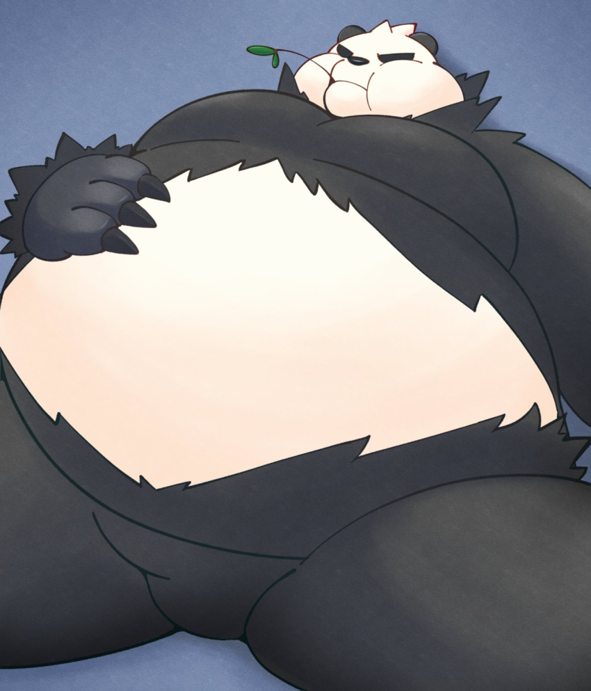 2024 anthro belly big_belly biped black_body black_nose generation_6_pokemon hi_res kemono leaf marumu_5656 nintendo obese overweight pangoro pokemon pokemon_(species) simple_background solo white_body